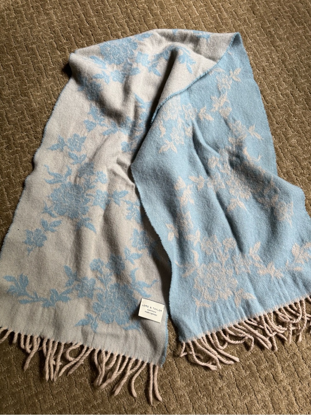 Lord and Taylor Pure Cashmere Light Blue & Cream Floral Fringe Scarf